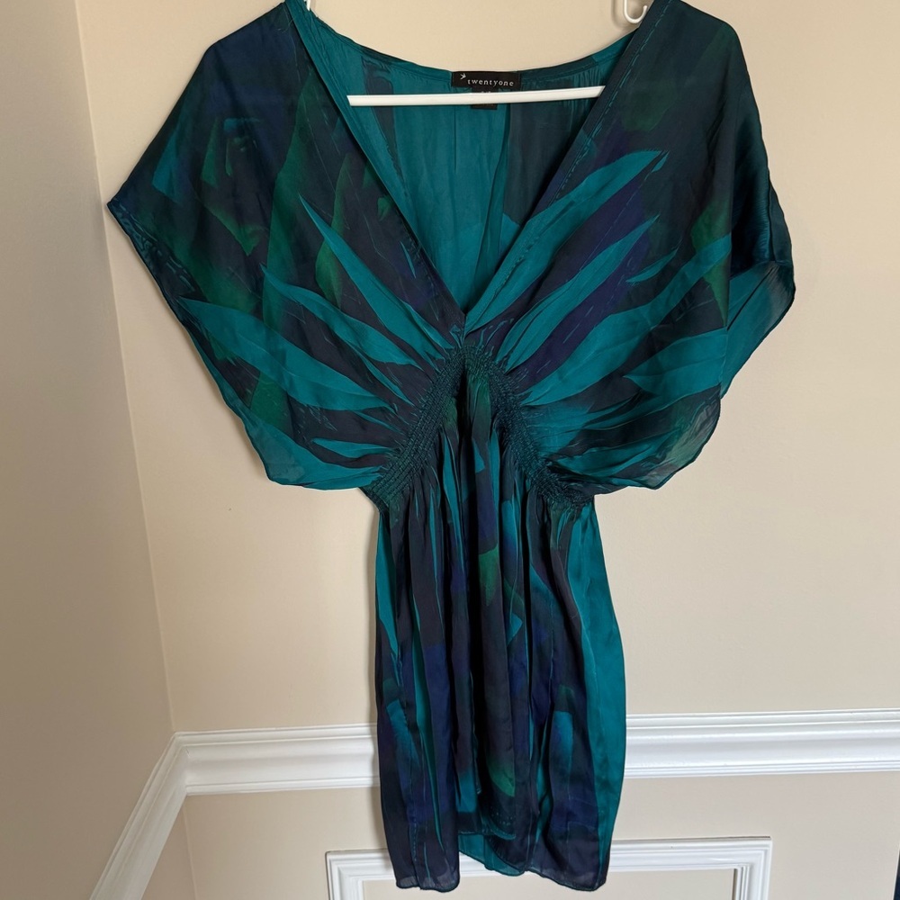 Y2K Satin Small Petite Blue Abstract Leaf Deep V-Neck Batwing Sleeve Mini Dress